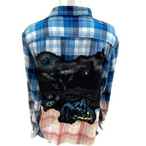 Halloween Black Cat Plaid Flannel Shirt LARGE Bats Oversized Unique Rhinestone